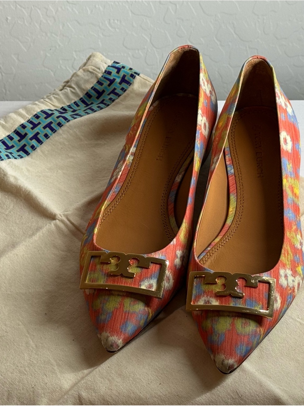 Tory Burch Multicolor Pointed Toe Logo Buckle Ballet Flats